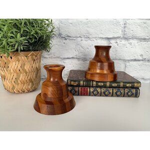 Vintage 2 candle holders made of wood candlesticks dark light colored wood